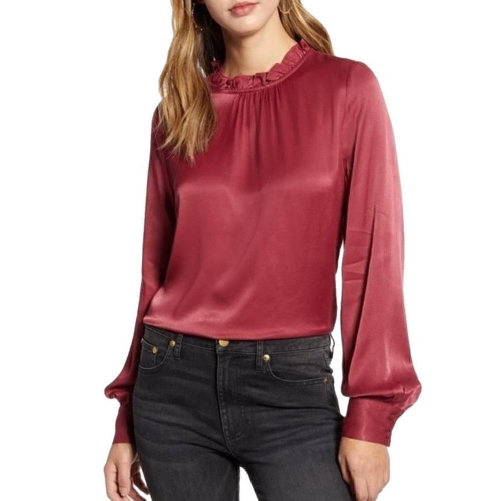Rachel Parcell Red Grape Ruffle Neck Satin Blouse